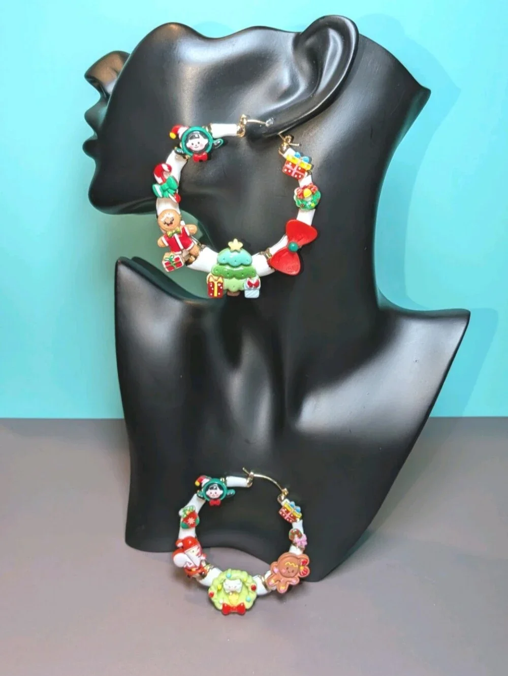 Hand Crafted Christmas Charm Medium Hoop Earrings in Red, Green, White & Gold